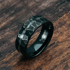 100S JEWELRY Men's Rustic Black Tungsten Ring with Meteorite Inlay Hammered Finish Wedding Band for Both Men Women Sizes 6-16 Understated Spark Pure Simplicity