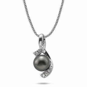 18" Tahitian Black Pearl Pendant Necklace in White Gold with Diamonds - 10-11mm Delicate Pop