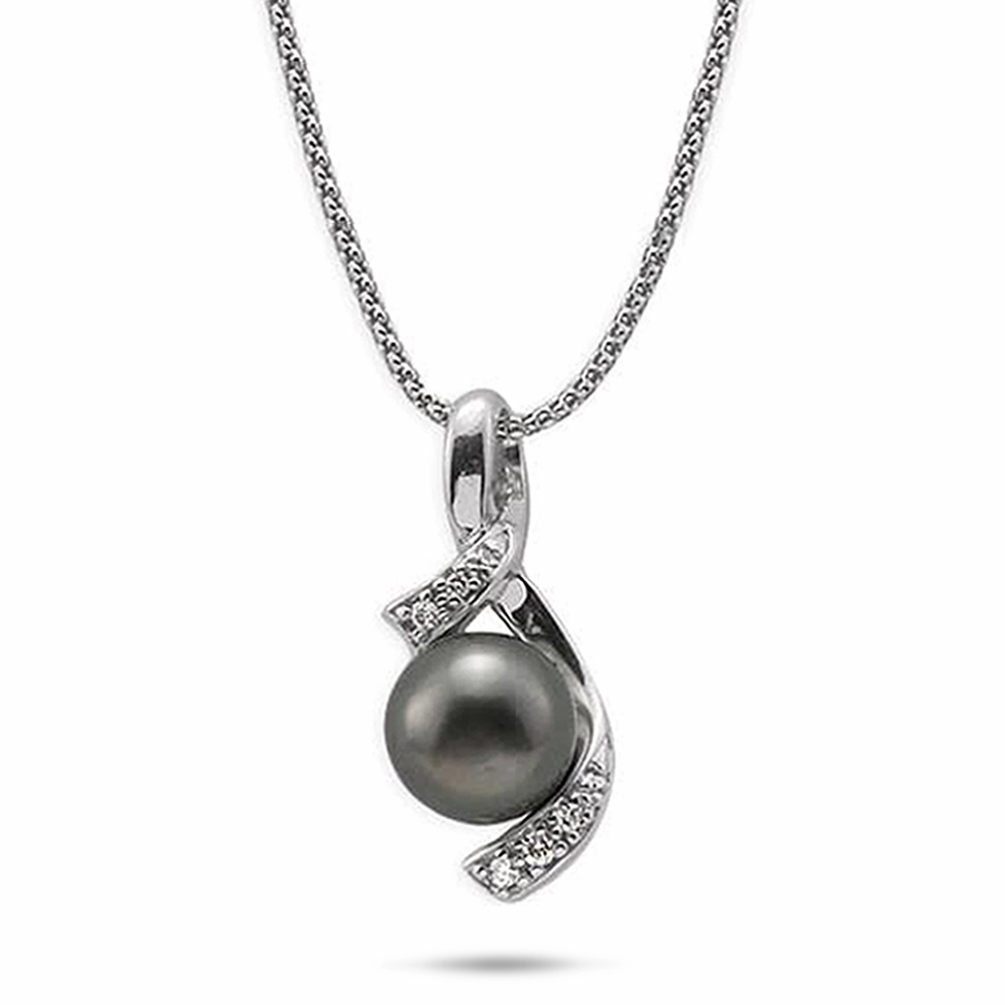 18" Tahitian Black Pearl Pendant Necklace in White Gold with Diamonds - 10-11mm Delicate Pop