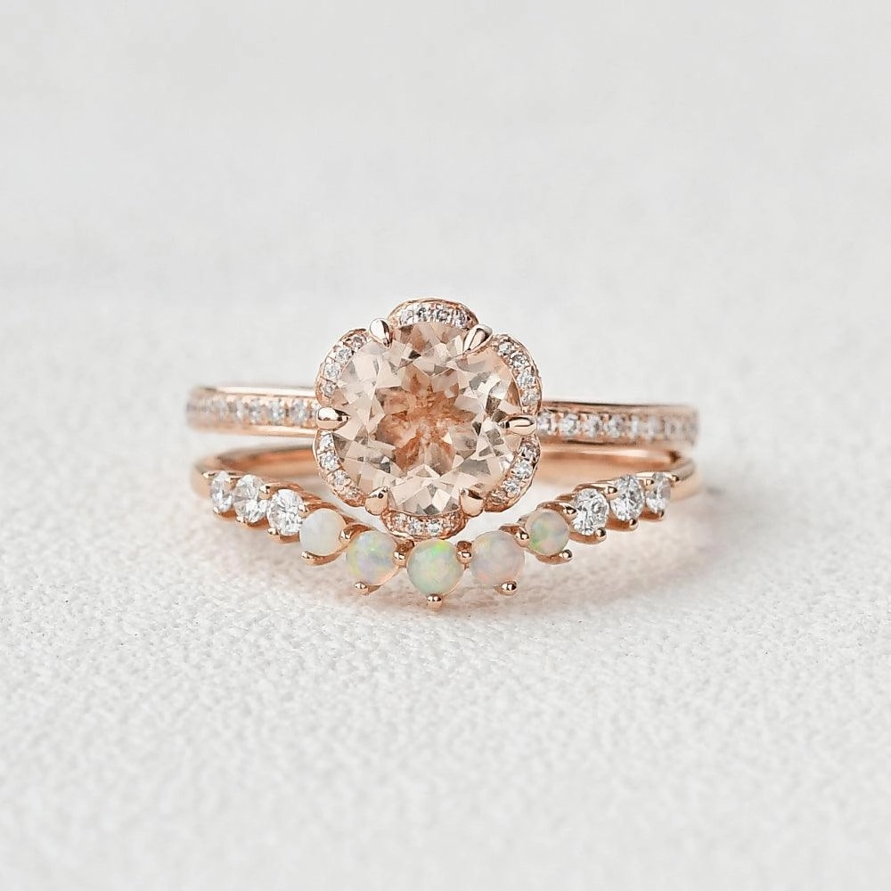 Dusk Mood Artful Touch 1.25ct Morganite Floral Vintage Cluster Ring Set 2pcs