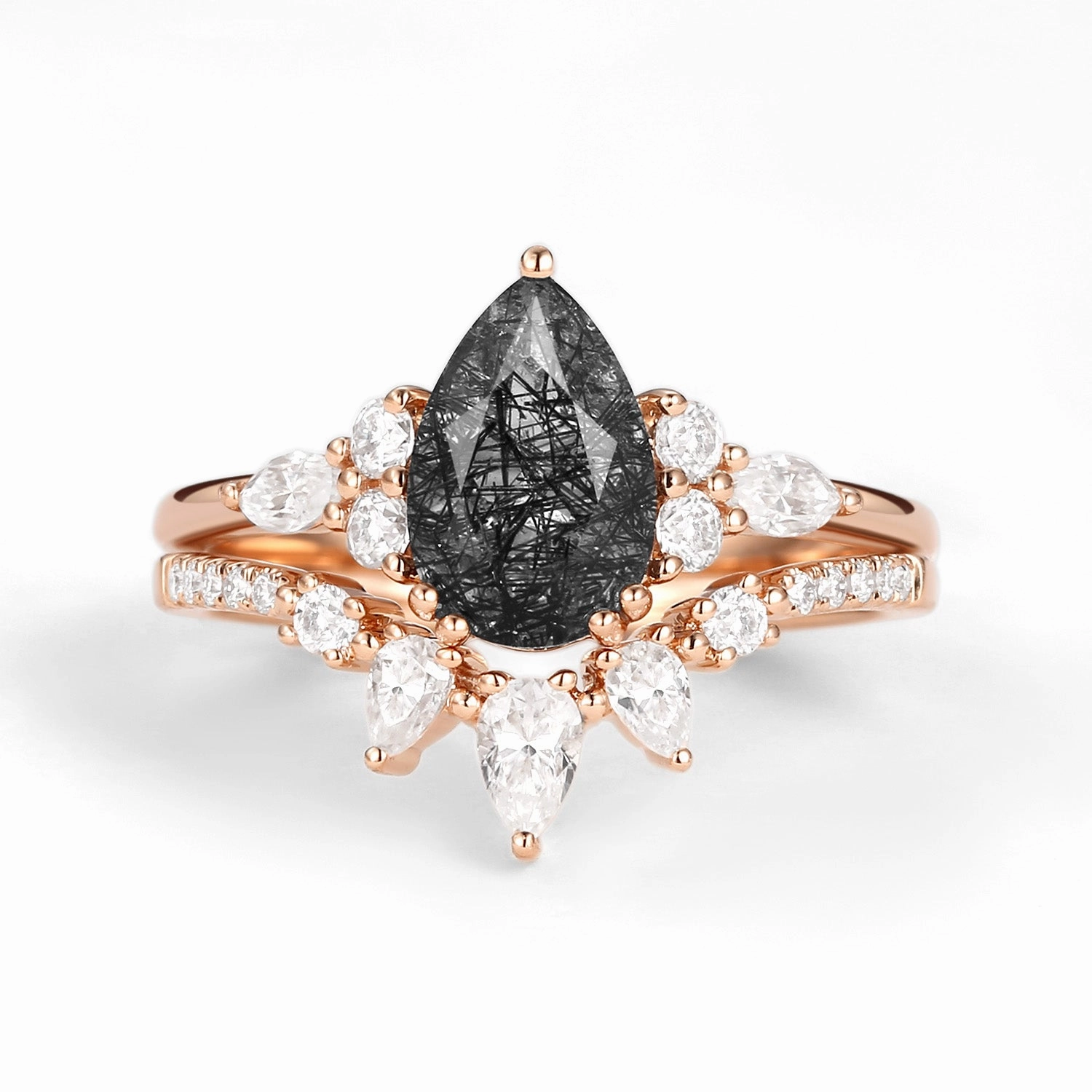 1.5ct Pear Shaped Black Rutilated Quartz Gold Ring Set 2pcs - Sage Classic Accent Everyday Duo