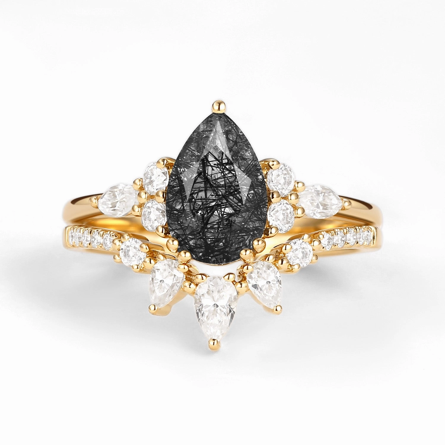 1.5ct Pear Shaped Black Rutilated Quartz Gold Ring Set 2pcs - Sage Shimmering Accent