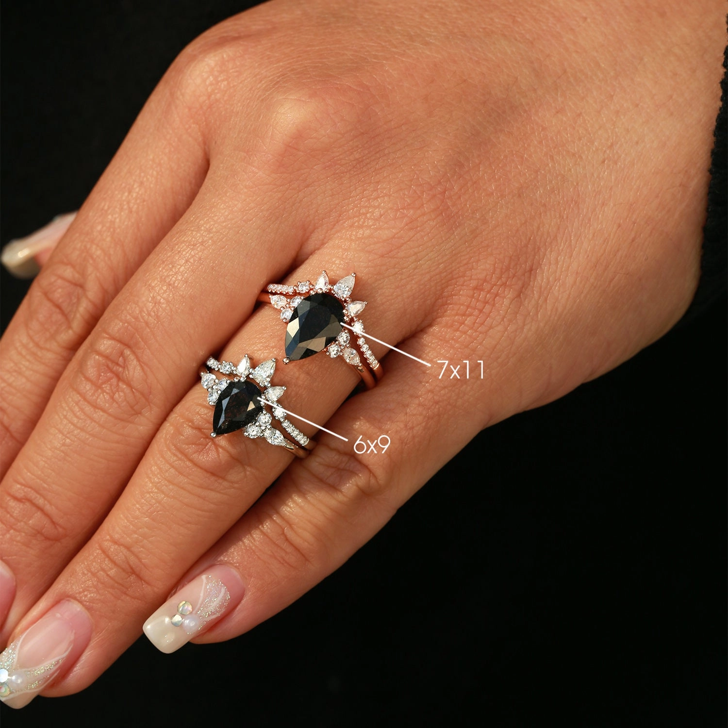 1.5ct Pear Shaped Black Rutilated Quartz Gold Ring Set 2pcs - Sage Handmade Details youth choice