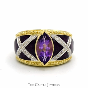 Refined Beauty Romantic Feel Marquise Shaped Amethyst Ring with Diamond Accented Purple Enamel Sides in 14k Yellow Gold