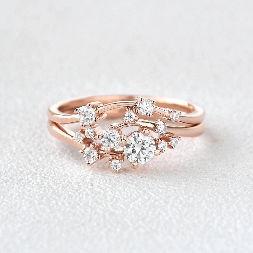 Evening Glamour Cluster Moissanite Rose Gold Wedding Ring Set 2pcs