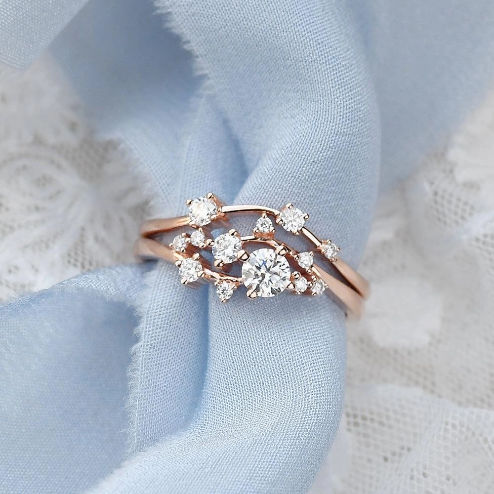 Artisan Accent Cluster Moissanite Rose Gold Wedding Ring Set 2pcs