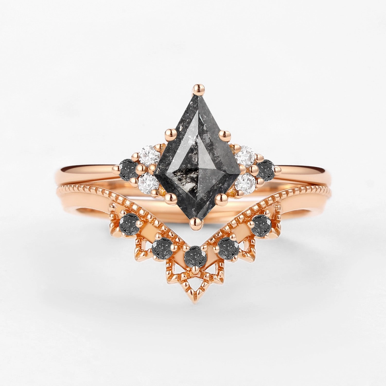 Fashion Pop Signature Vintage Kite Cut Salt and Pepper Diamond Engagement Ring Set 2pcs