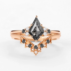 Fashion Pop Signature Vintage Kite Cut Salt and Pepper Diamond Engagement Ring Set 2pcs
