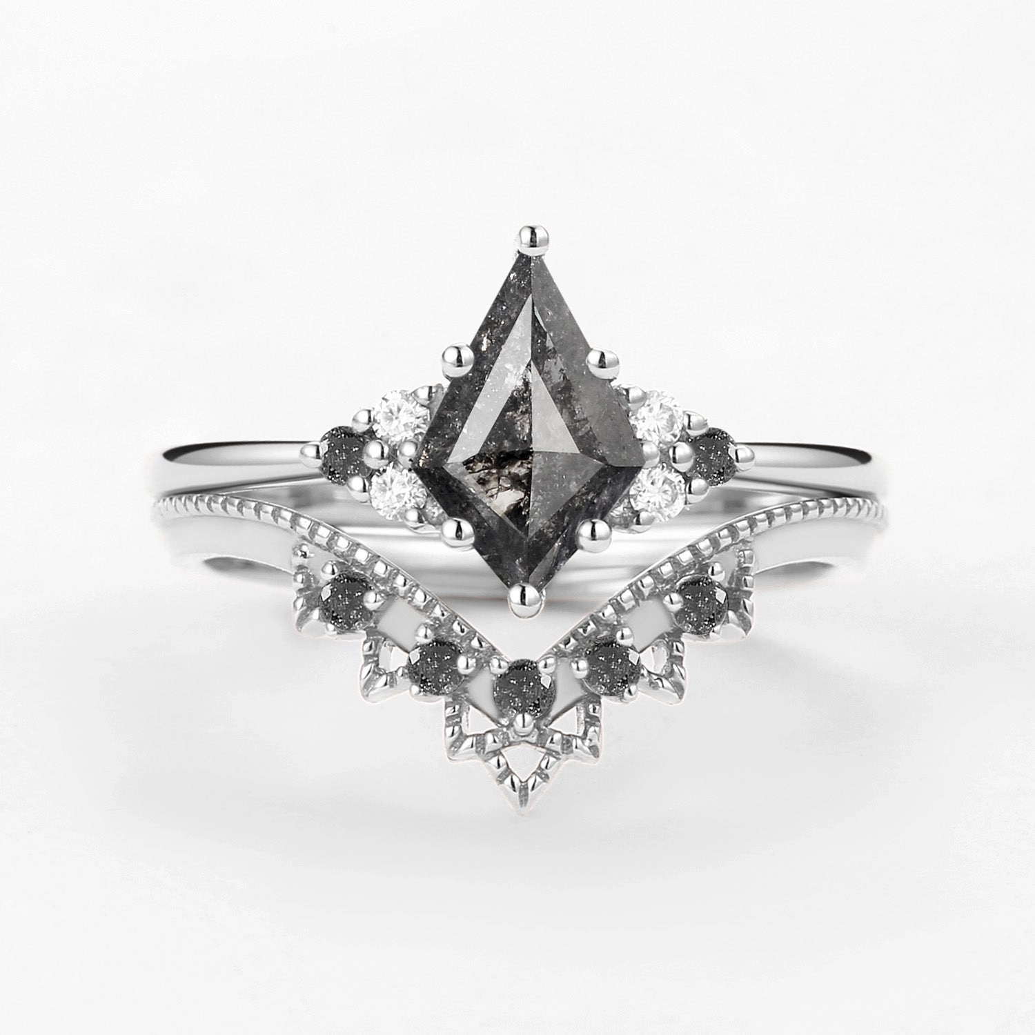 Stunning Detail Polished Sparkle Signature Vintage Kite Cut Salt and Pepper Diamond Engagement Ring Set 2pcs