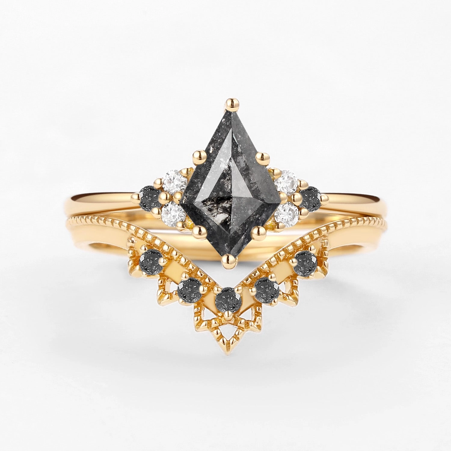 Signature Vintage Kite Cut Salt and Pepper Diamond Engagement Ring Set 2pcs Smart Finish Minimal Sparkle