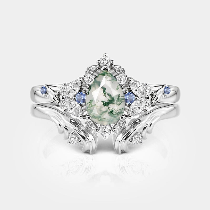 Modern Glam Pear Cut Cluster Moss Agate Engagement Ring Set 2pcs - Brya