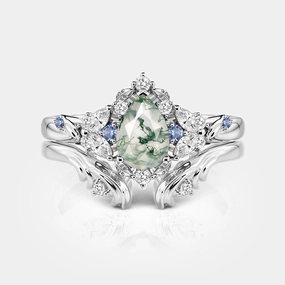 Modern Glam Pear Cut Cluster Moss Agate Engagement Ring Set 2pcs - Brya