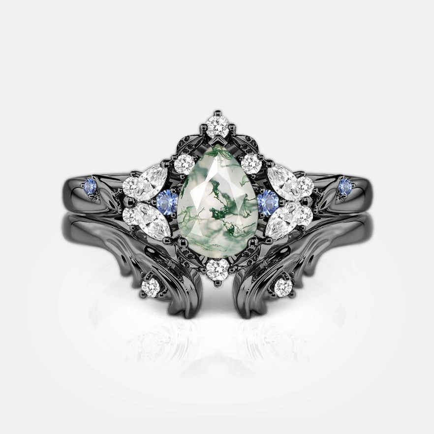 Pear Cut Cluster Moss Agate Engagement Ring Set 2pcs - Brya Shimmer Detail Graceful Look