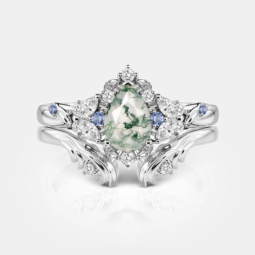 Luminous Shine Pear Cut Cluster Moss Agate Engagement Ring Set 2pcs - Brya