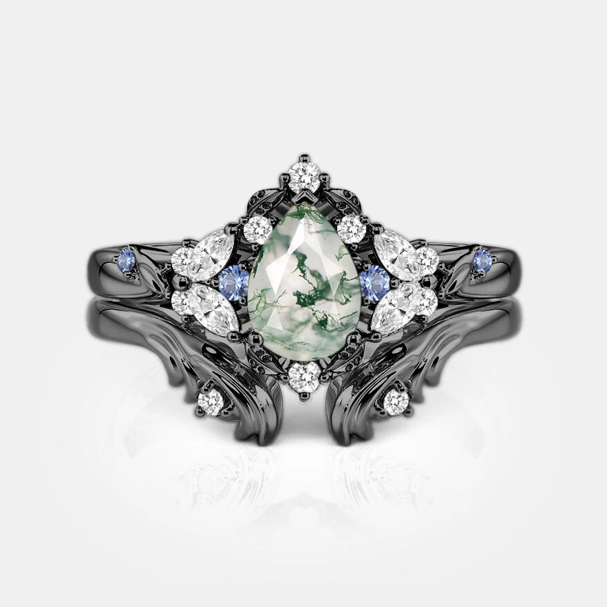 Glam Pairing Pear Cut Cluster Moss Agate Engagement Ring Set 2pcs - Brya