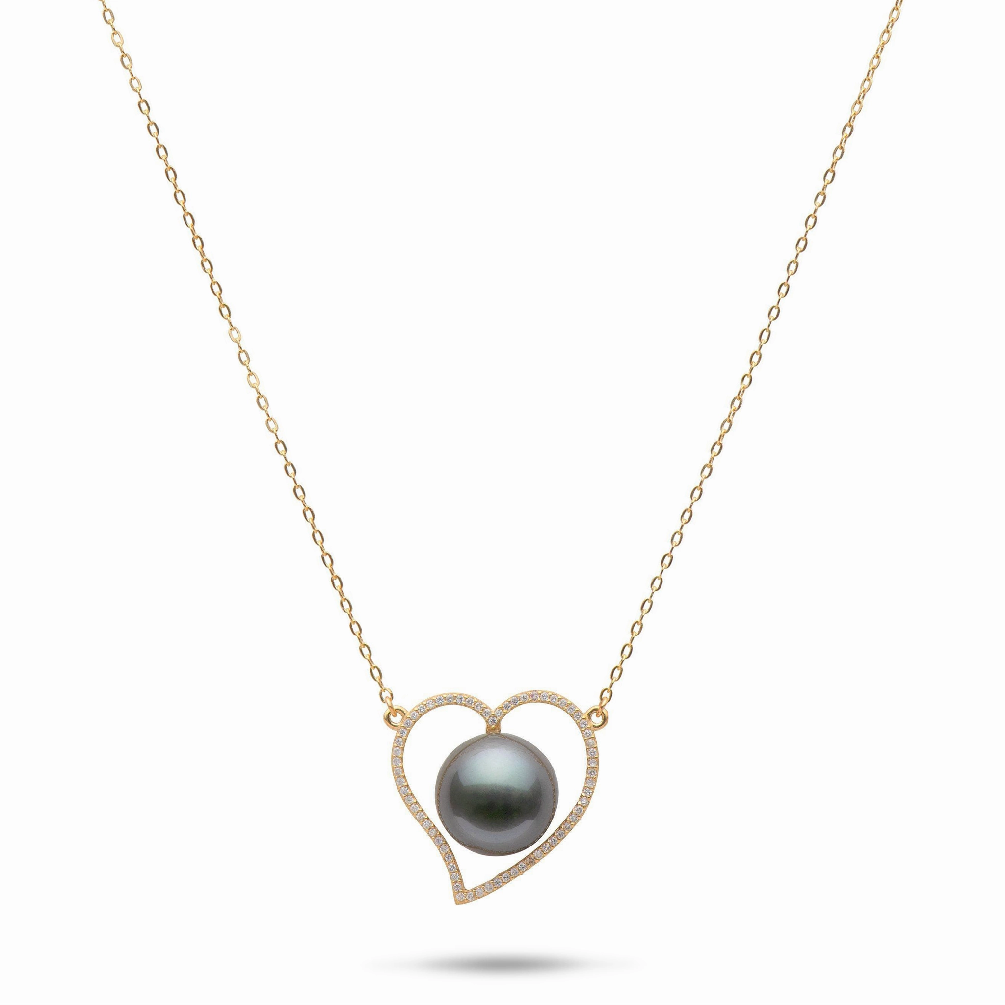 16" Tahitian Black Pearl Heart Necklace in Gold - 12-13mm Enduring Charm Subtle Feature
