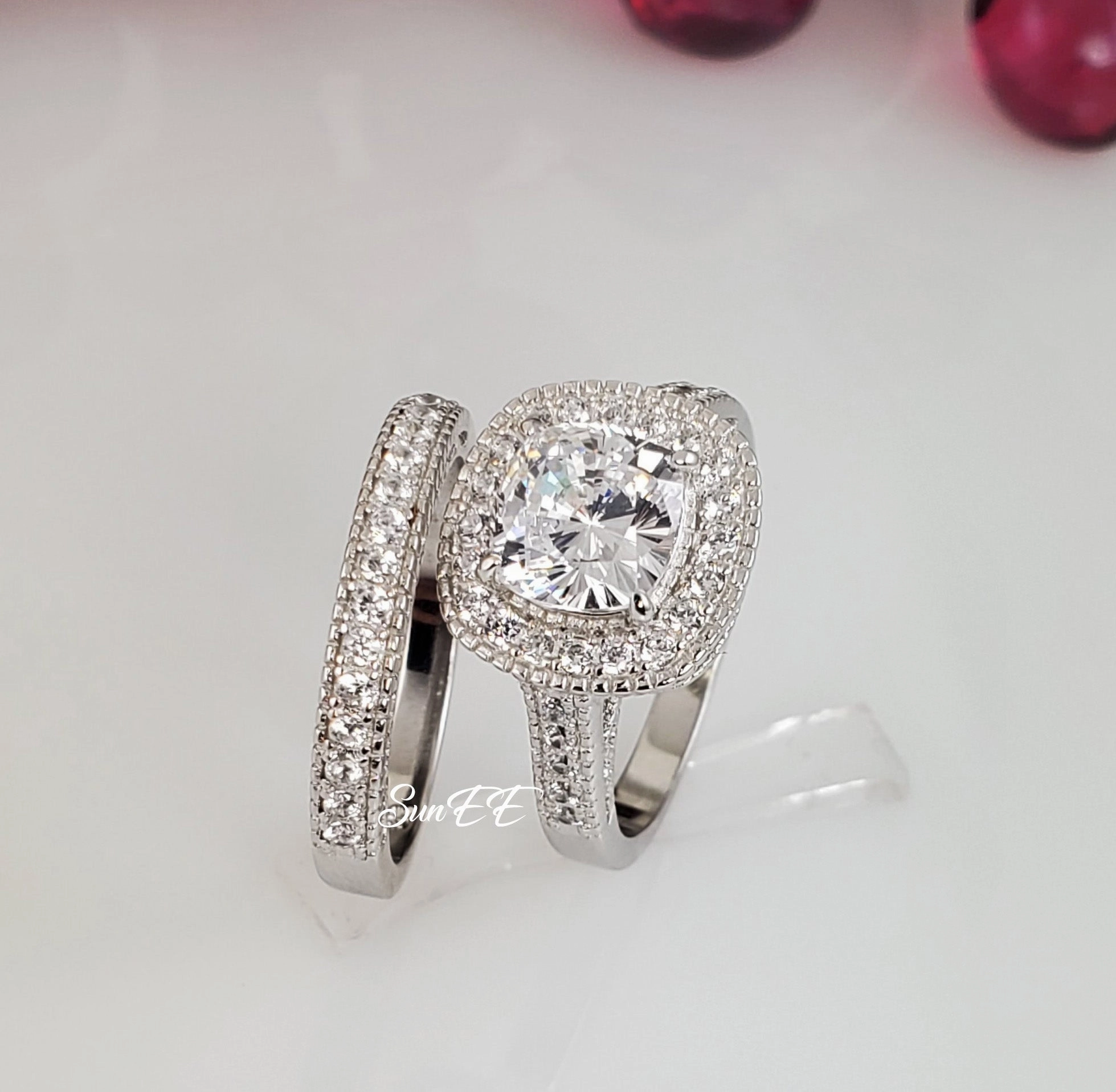 Handmade Quality man made 3.55ct Halo Cushion Cut Bridal Wedding Engagement Ring Diamond Simulated 925 Sterling Silver Anniversary Ring SKU:00179