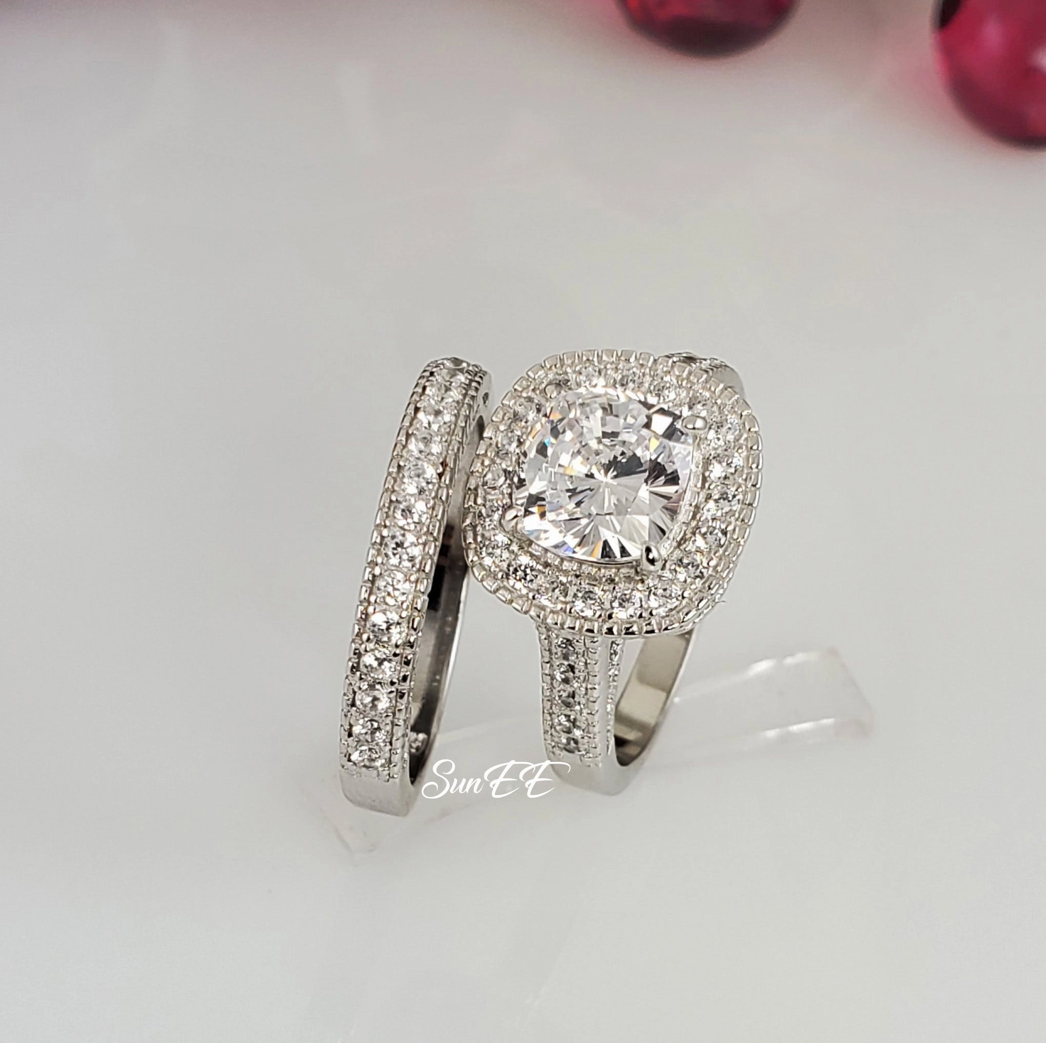 Classic Contour 3.55ct Halo Cushion Cut Bridal Wedding Engagement Ring Diamond Simulated 925 Sterling Silver Anniversary Ring SKU:00179