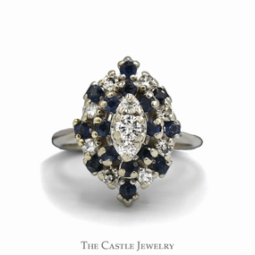 Clean Finish Traditional Look Marquise Shaped Diamond & Sapphire Cluster Ring in 14k White Gold