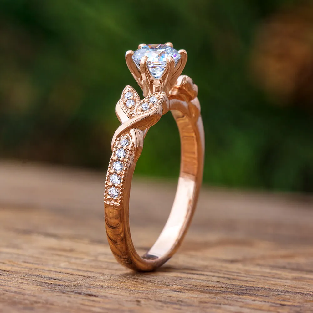 Moissanite Engagement Ring With Leaf Accented Band