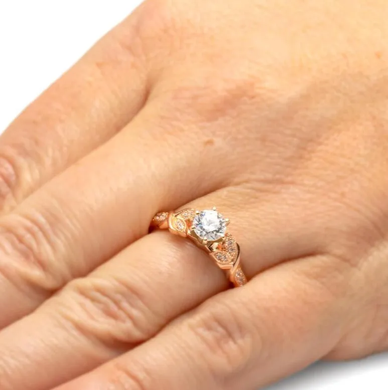 Moissanite Engagement Ring With Leaf Accented Band