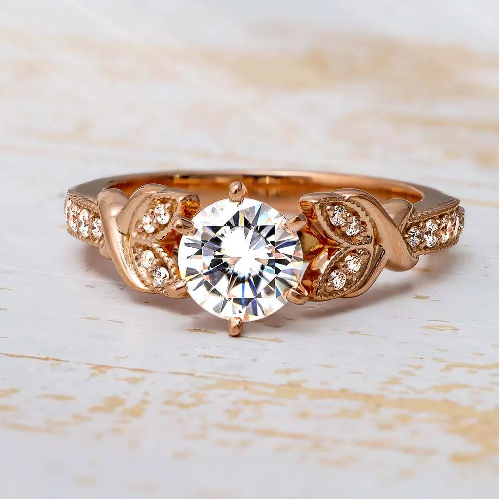 Moissanite Engagement Ring With Leaf Accented Band