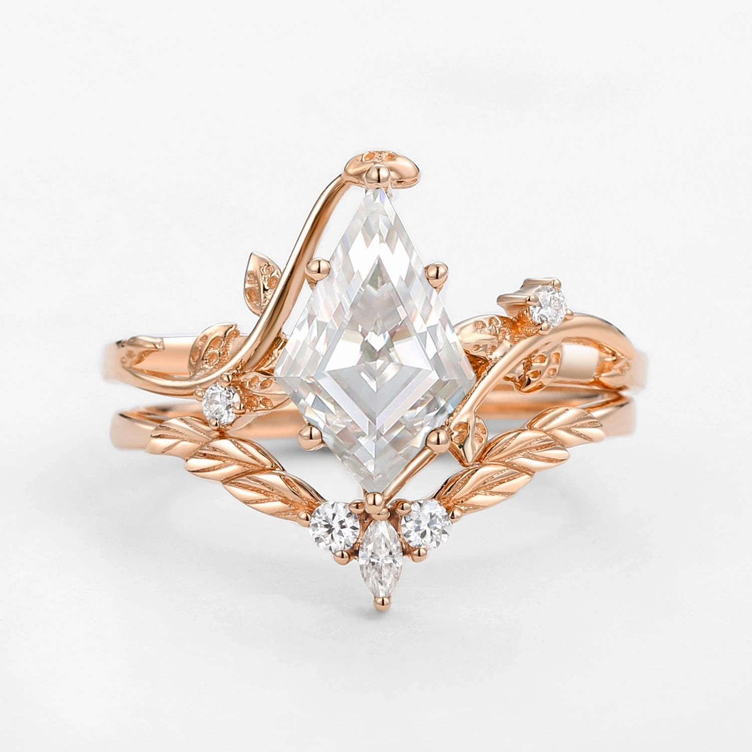 Moissanite Kite Cut Vine Engagement Ring Set 2pcs - Twigs Flirty Look Bright Touch