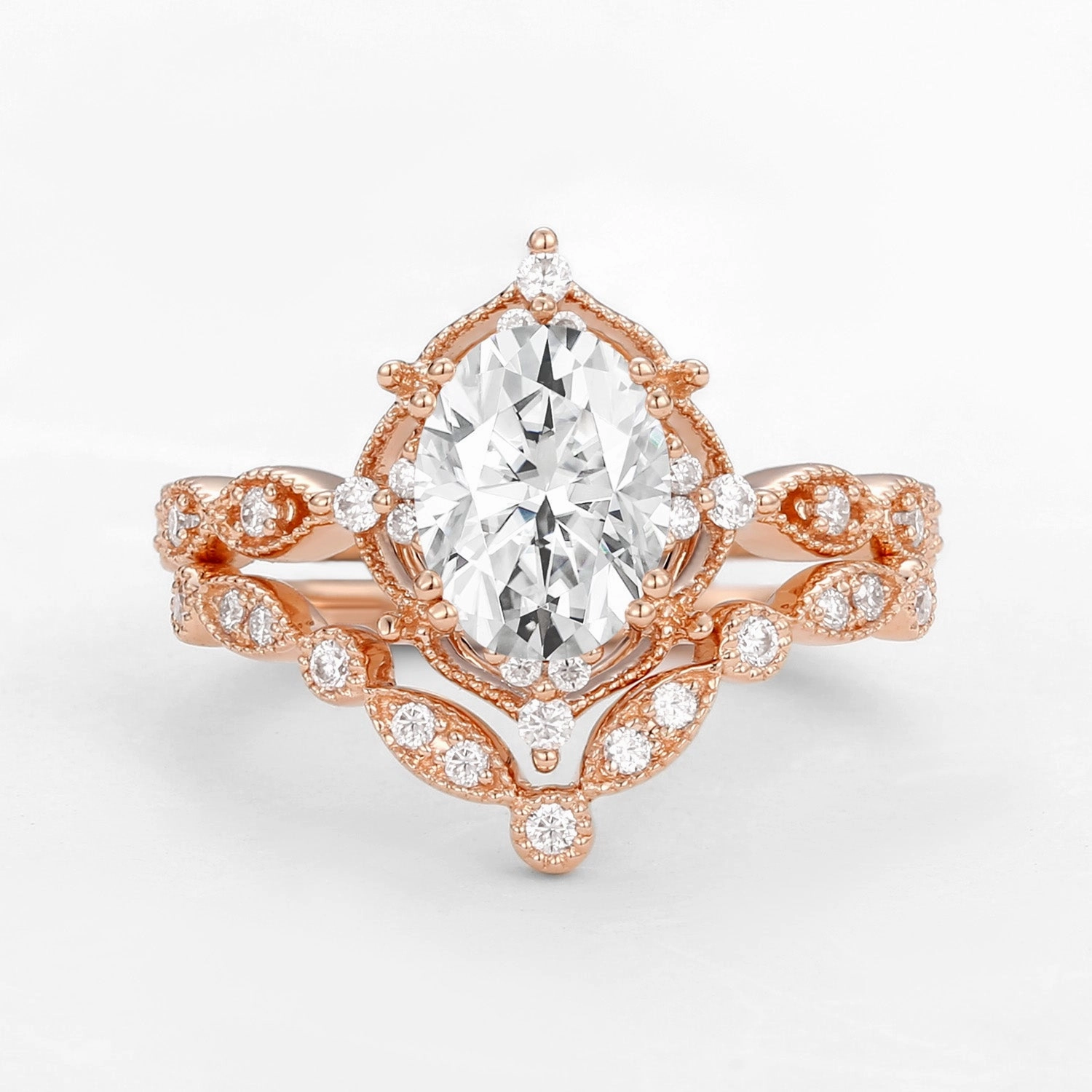 Natural Look Moissanite Signature Vintage Inspired Ring Set 2pcs