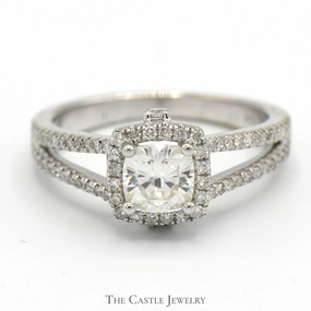 DIY project Virtual Item Moissanite Solitaire Engagement Ring with Diamond Accented Split Shank Sides in 14k White Gold
