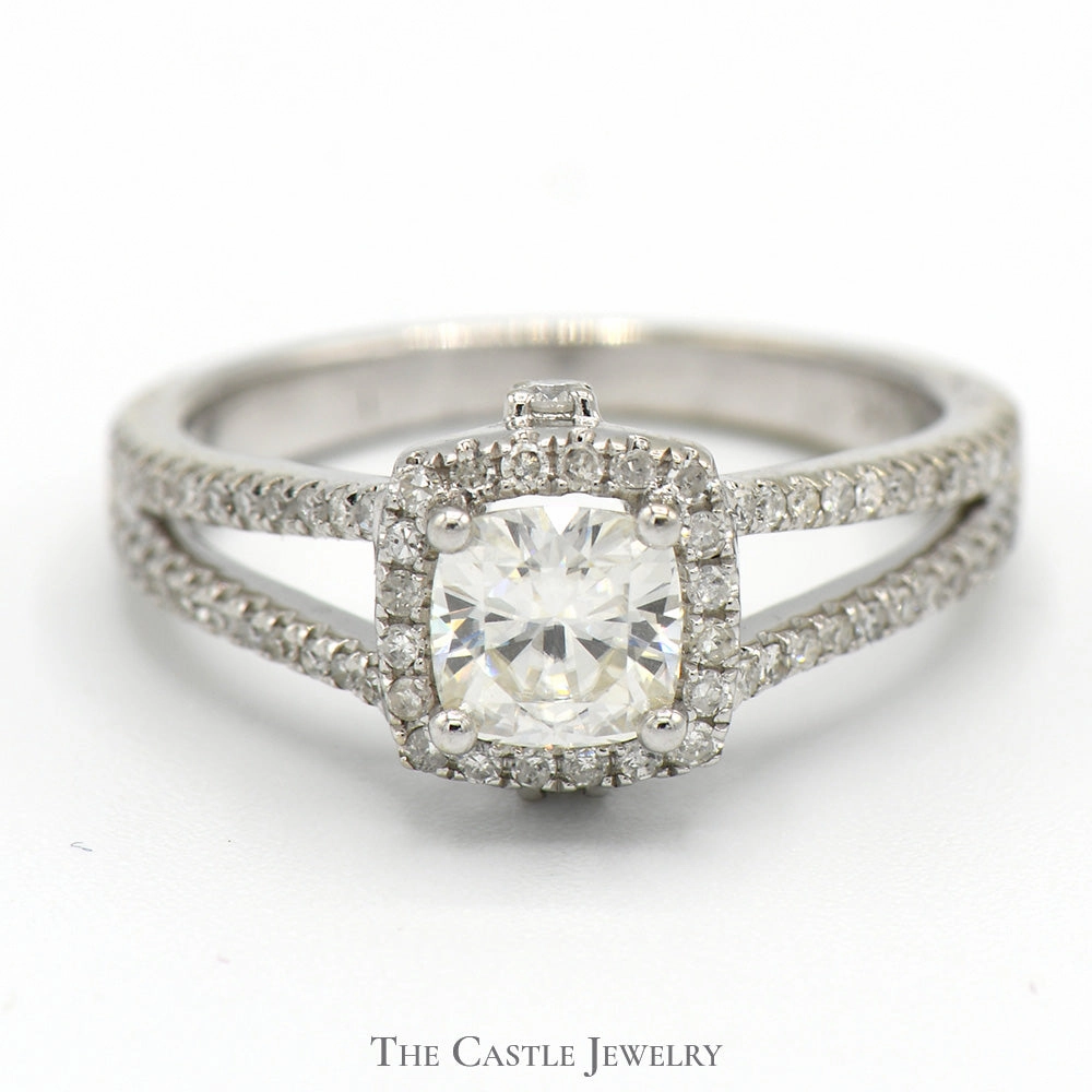 DIY project Virtual Item Moissanite Solitaire Engagement Ring with Diamond Accented Split Shank Sides in 14k White Gold