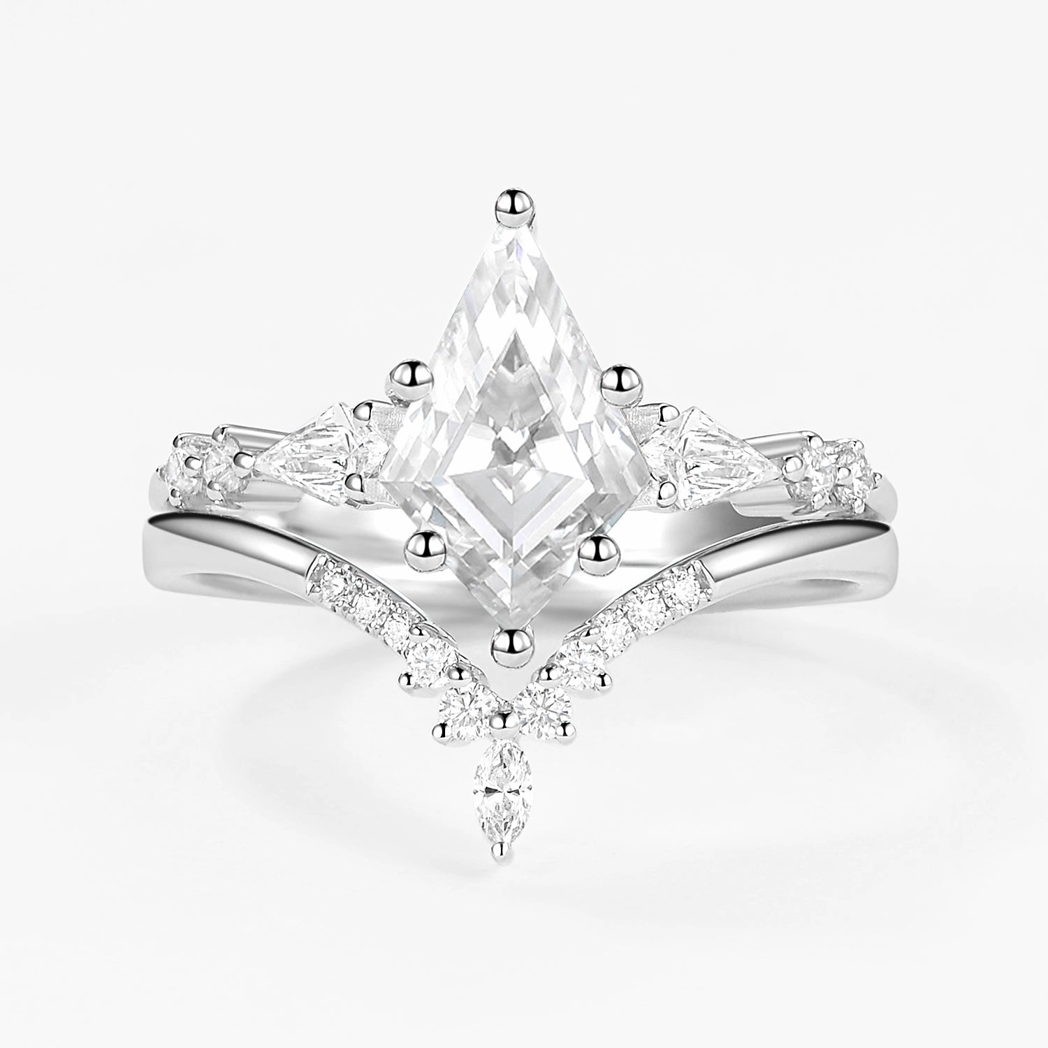 Bold Combo Soft Glimmer Moissanite Three Kite Stone Engagement Ring Sets 2pcs