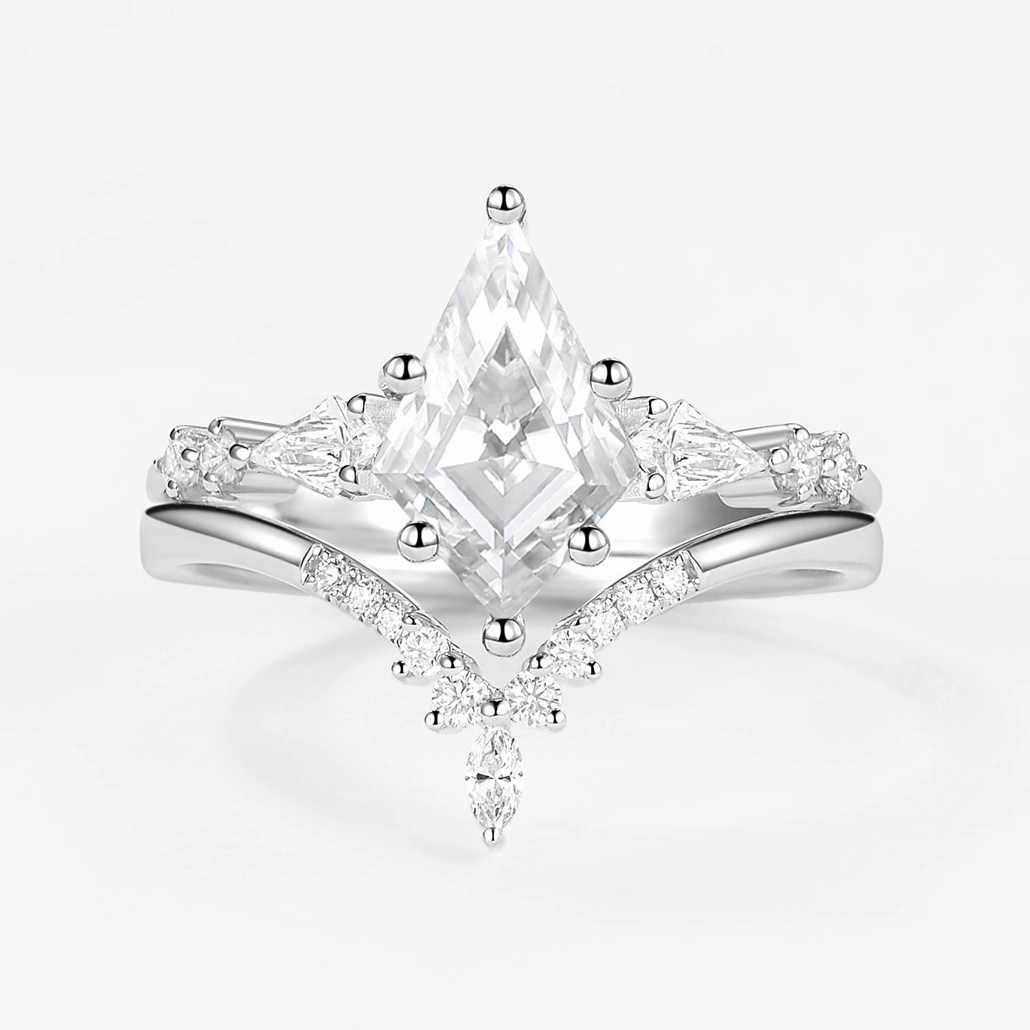 Moissanite Three Kite Stone Engagement Ring Sets 2pcs Luxury Line Vibrant Accent