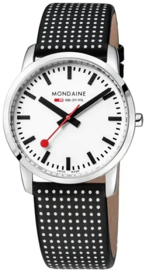 Mondaine Simply Elegant Steel Watch with Black Polka Dot Leather Strap