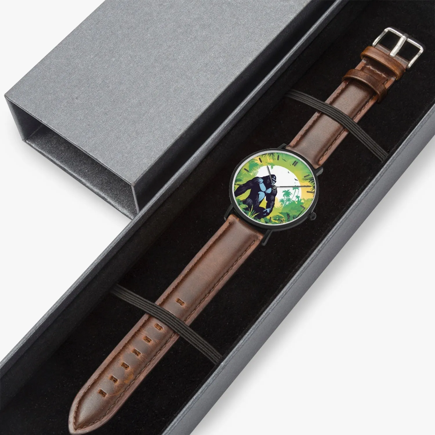Montre à Quartz avec bracelet en cuir ultra-fin (noir avec indicateurs) "Gorille" (163)