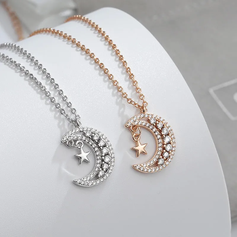 Moon Star with Zircon Pendant Silver Necklace for Women