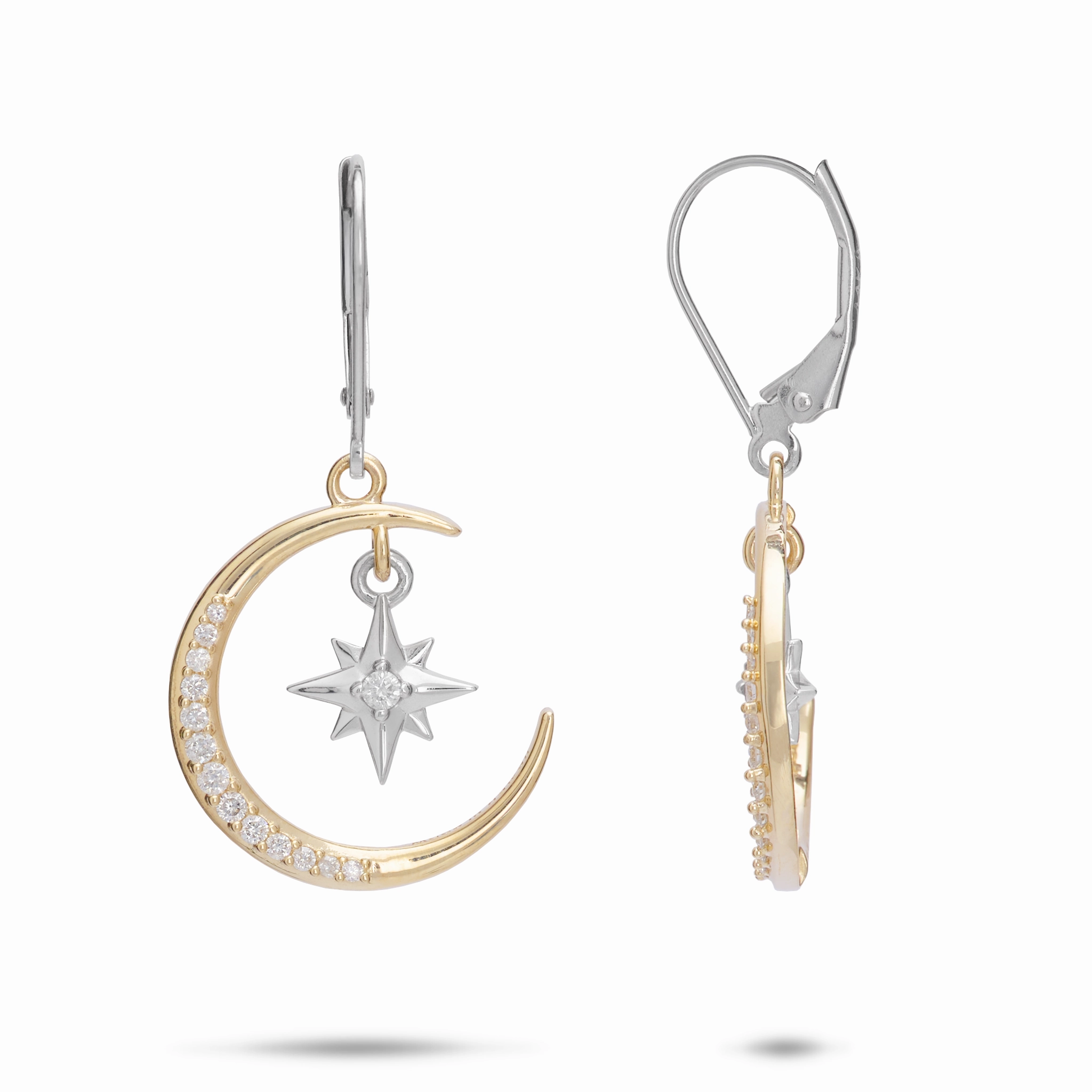 Moon & Star Mermaid Earrings in Two Tone Gold with Diamonds Bridal Accessory Muted Elegance