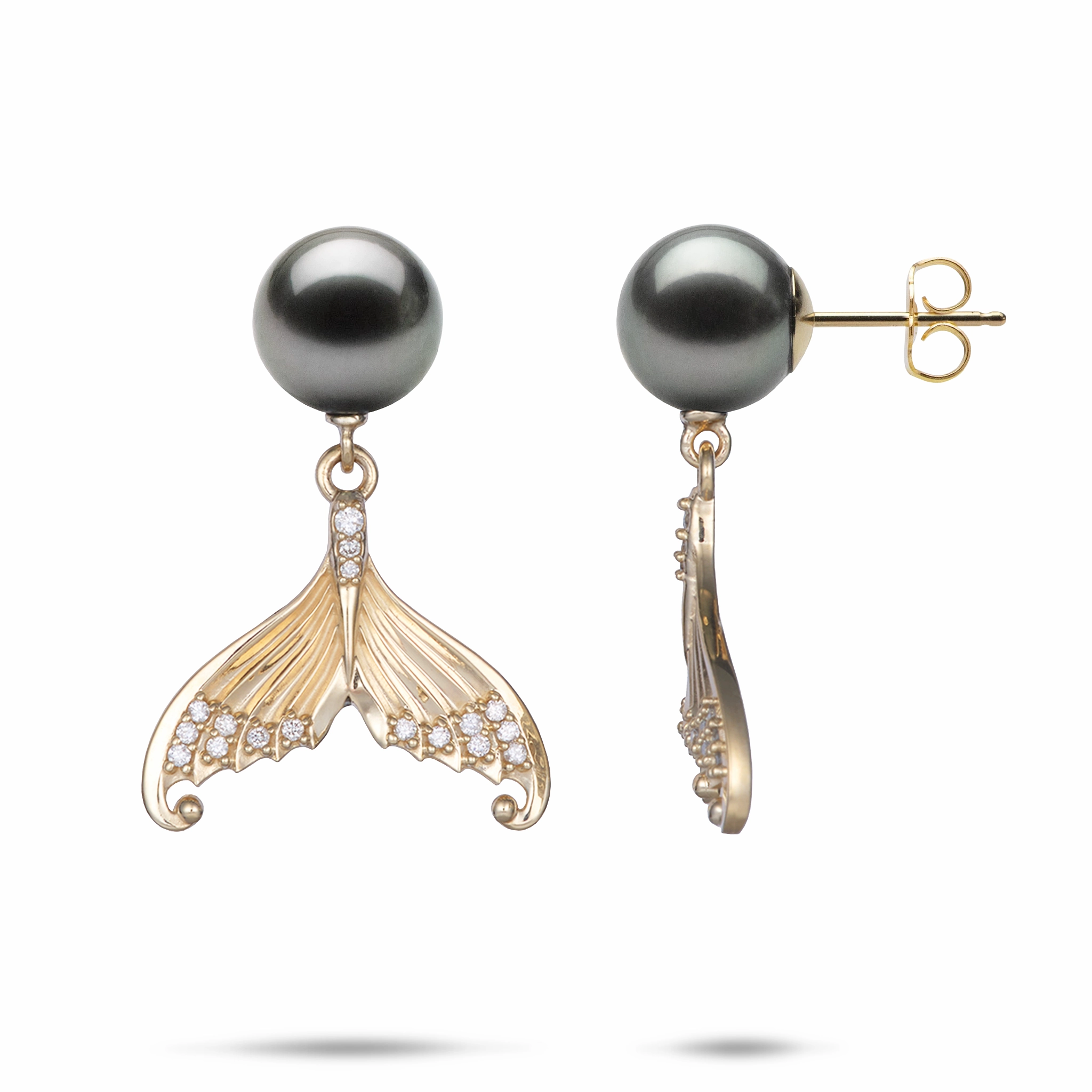 Moon Mermaid Tail Tahitian Black Pearl Earrings in Gold with Diamonds - 9-10mm Autumn Glow
