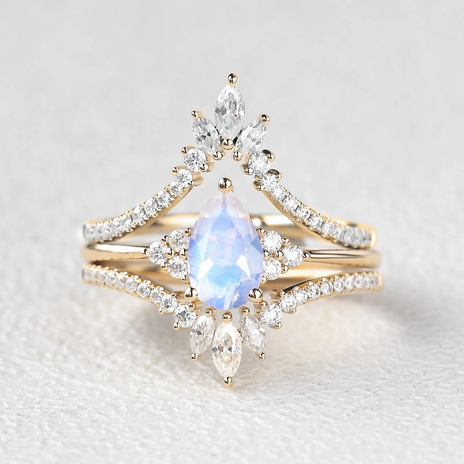 Silky Finish Finishing Accent Moonstone Pear Signature Vintage Luna Ring Set 3pcs - Lydia