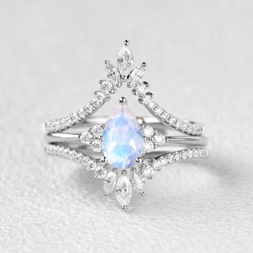 Moonstone Pear Signature Vintage Luna Ring Set 3pcs - Lydia Shiny Detail Delicate Look