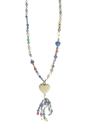 Morgan Heart Beaded Tassel Necklace- White/Blue
