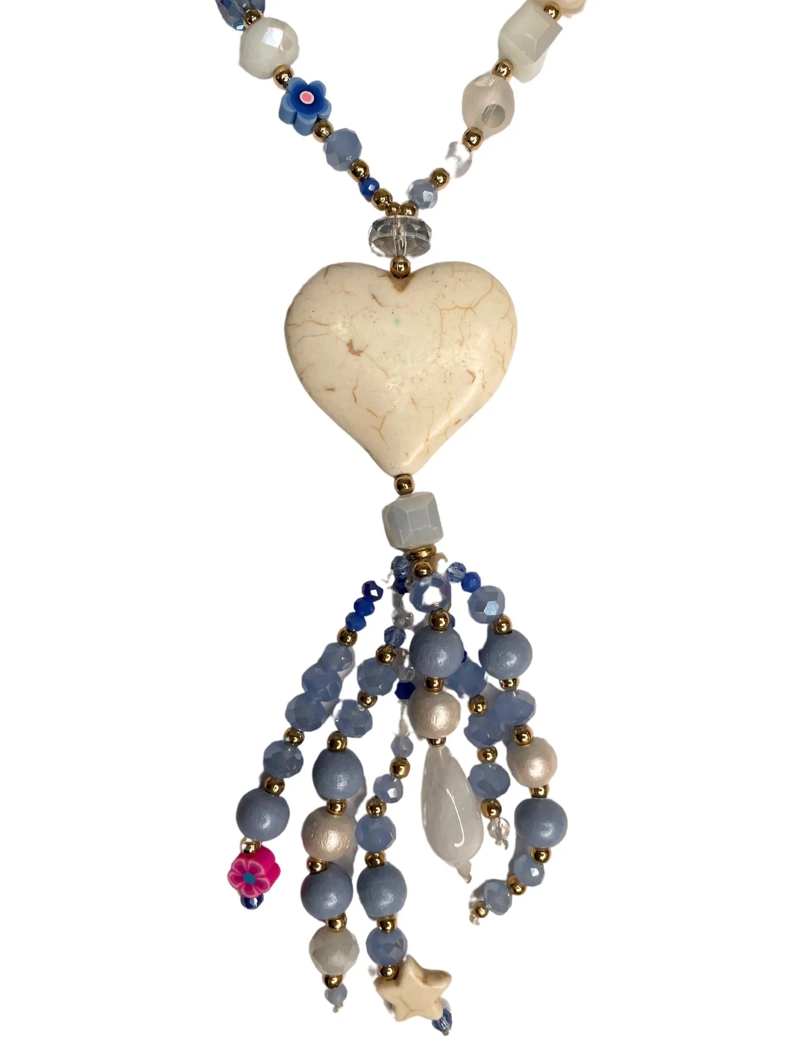 Morgan Heart Beaded Tassel Necklace- White/Blue