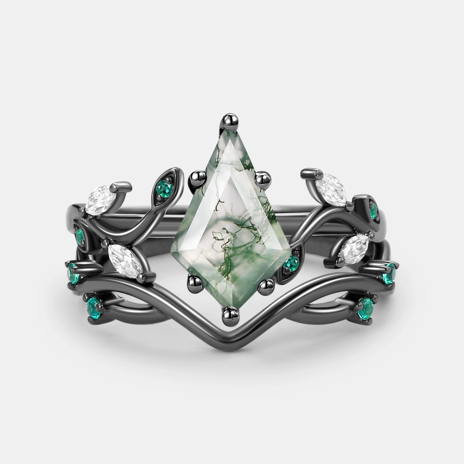 Evergreen style Moss Agate & Emerald Unique Engagement Ring Set 2pcs