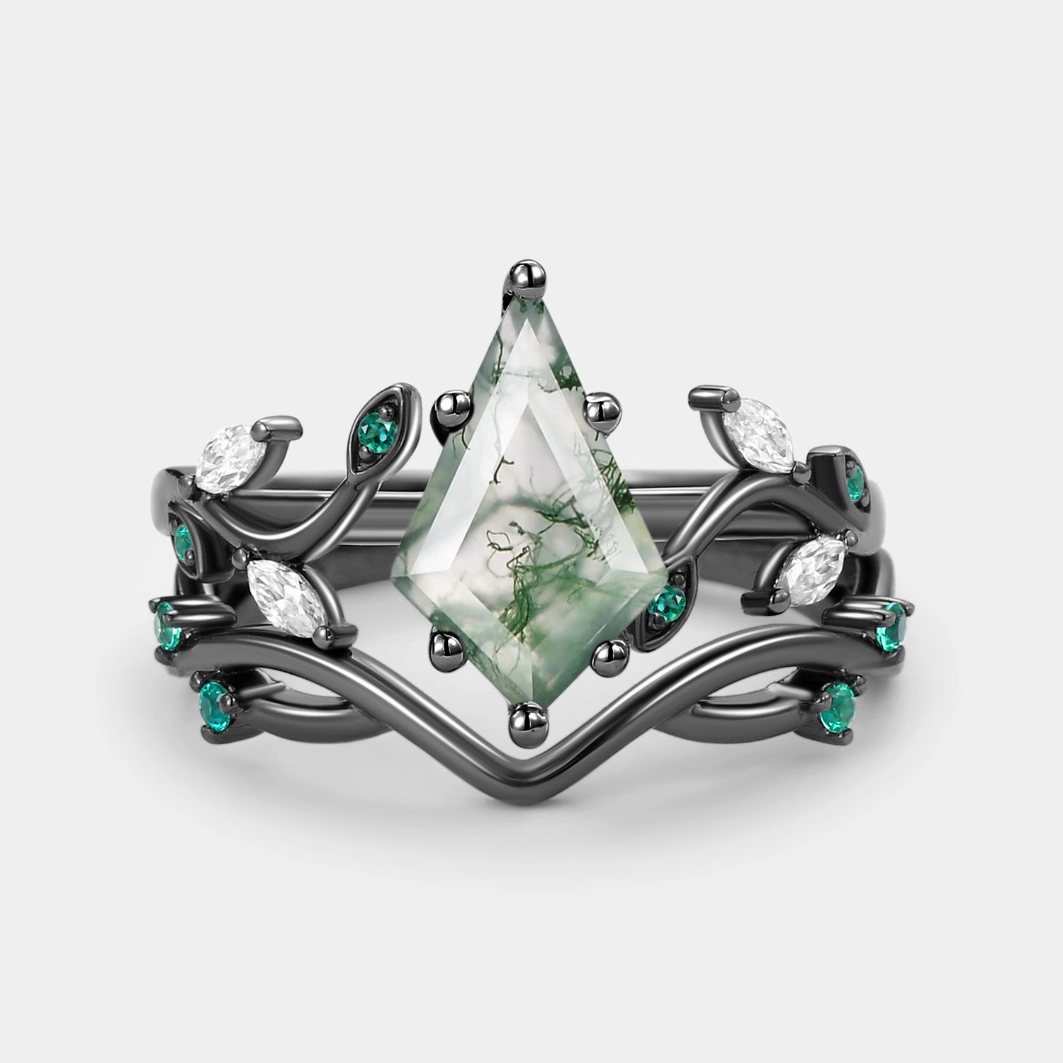 Everyday Mood Moss Agate & Emerald Unique Engagement Ring Set 2pcs