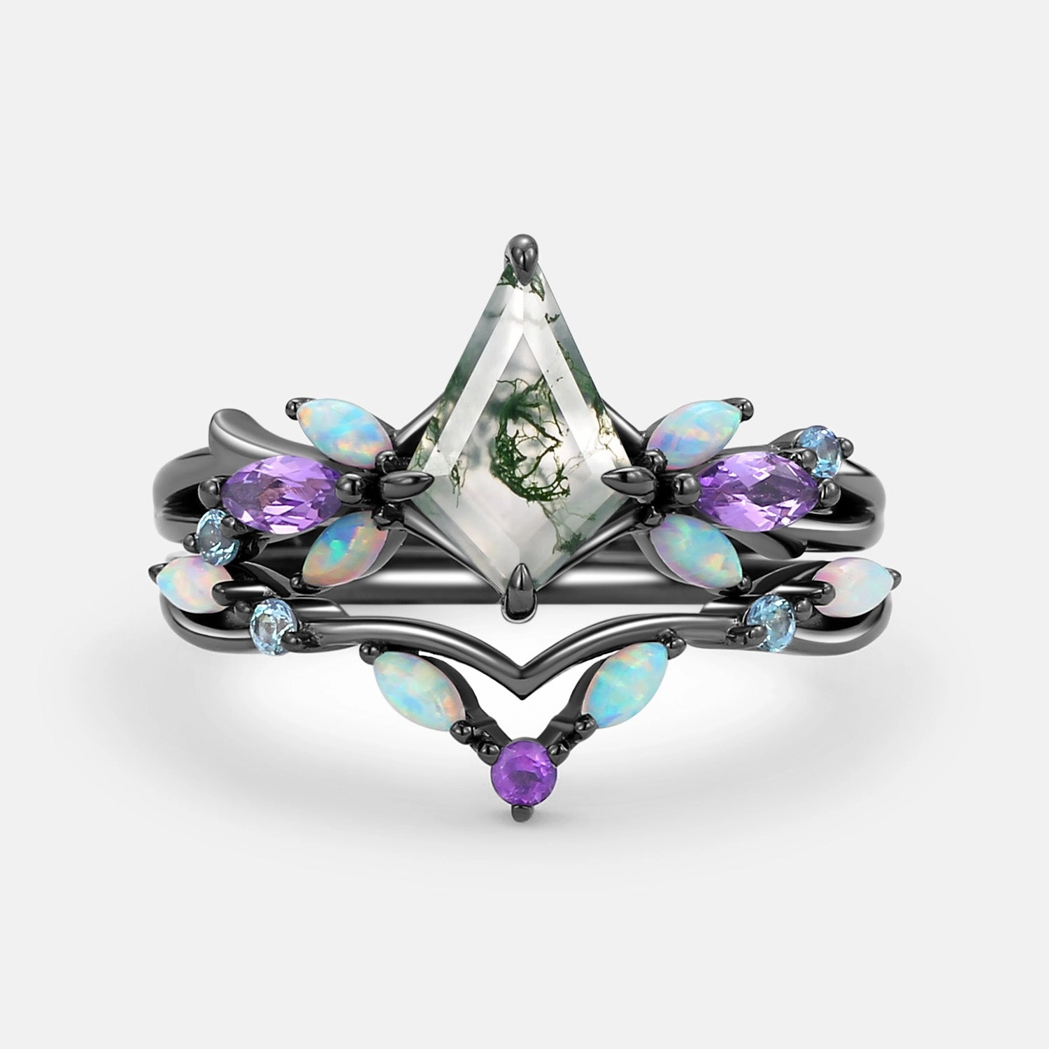 Moss Agate & Opal & Amethyst Unique Engagement Ring Set 2pcs - Bella Bold Lines Unique Finish