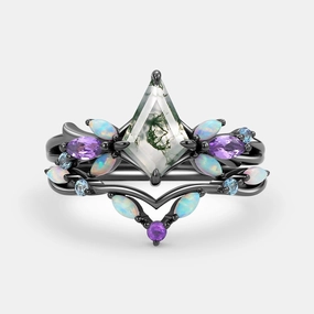 Moss Agate & Opal & Amethyst Unique Engagement Ring Set 2pcs - Bella Refined Shape