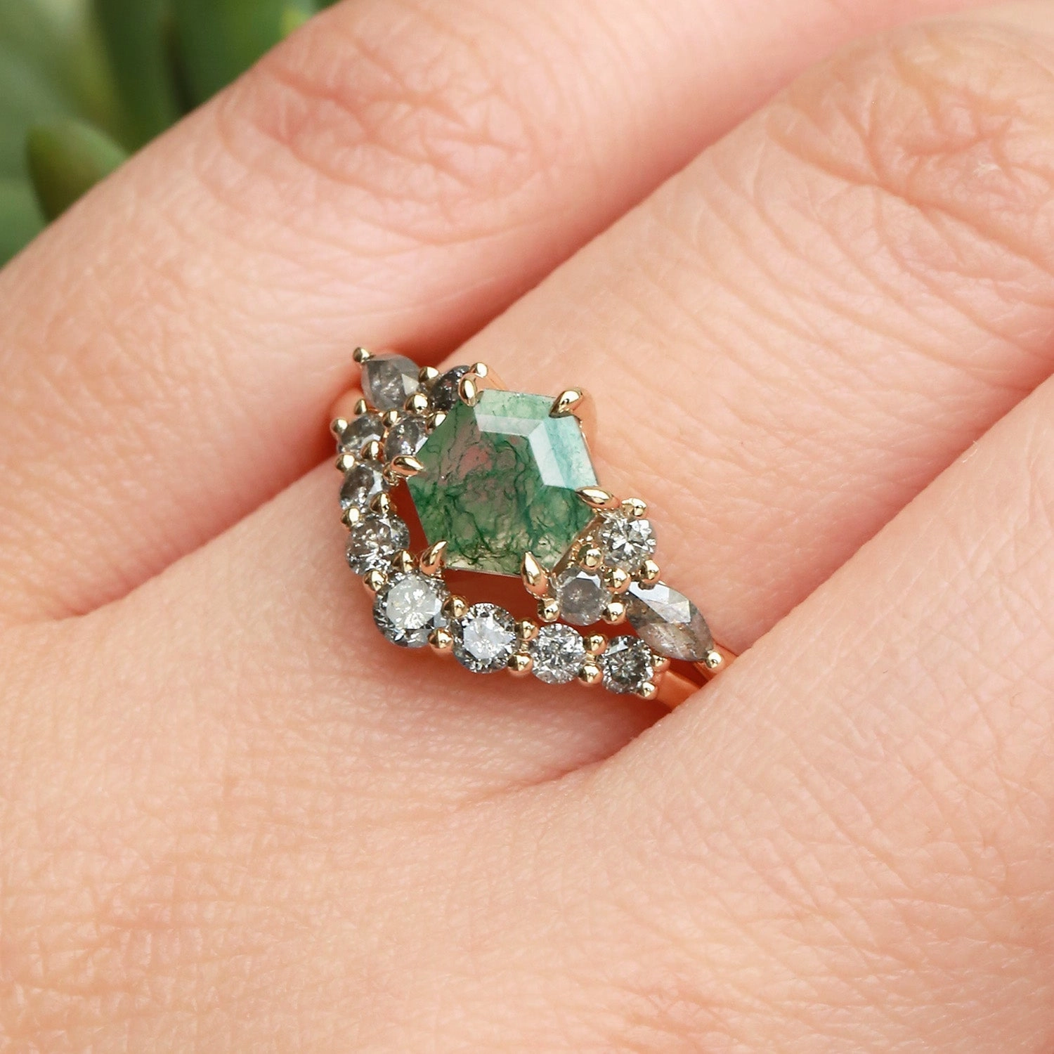 Moss Agate & Salt and Pepper Diamond Cluster Hexagon Engagement Ring Set 2pcs - Pebble Smooth Spark City Spark