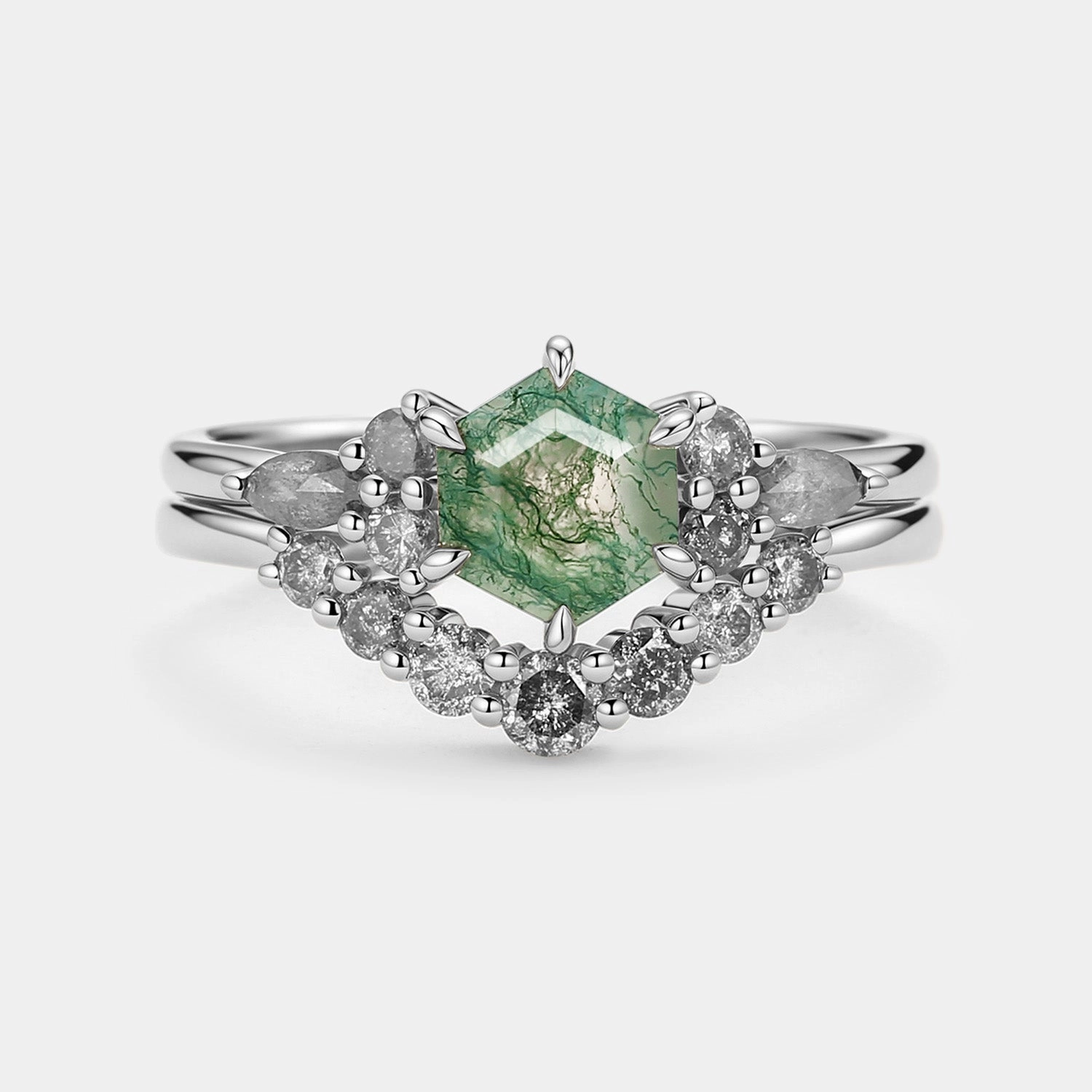 Modern Statement Exclusive Appeal Moss Agate & Salt and Pepper Diamond Cluster Hexagon Engagement Ring Set 2pcs - Pebble