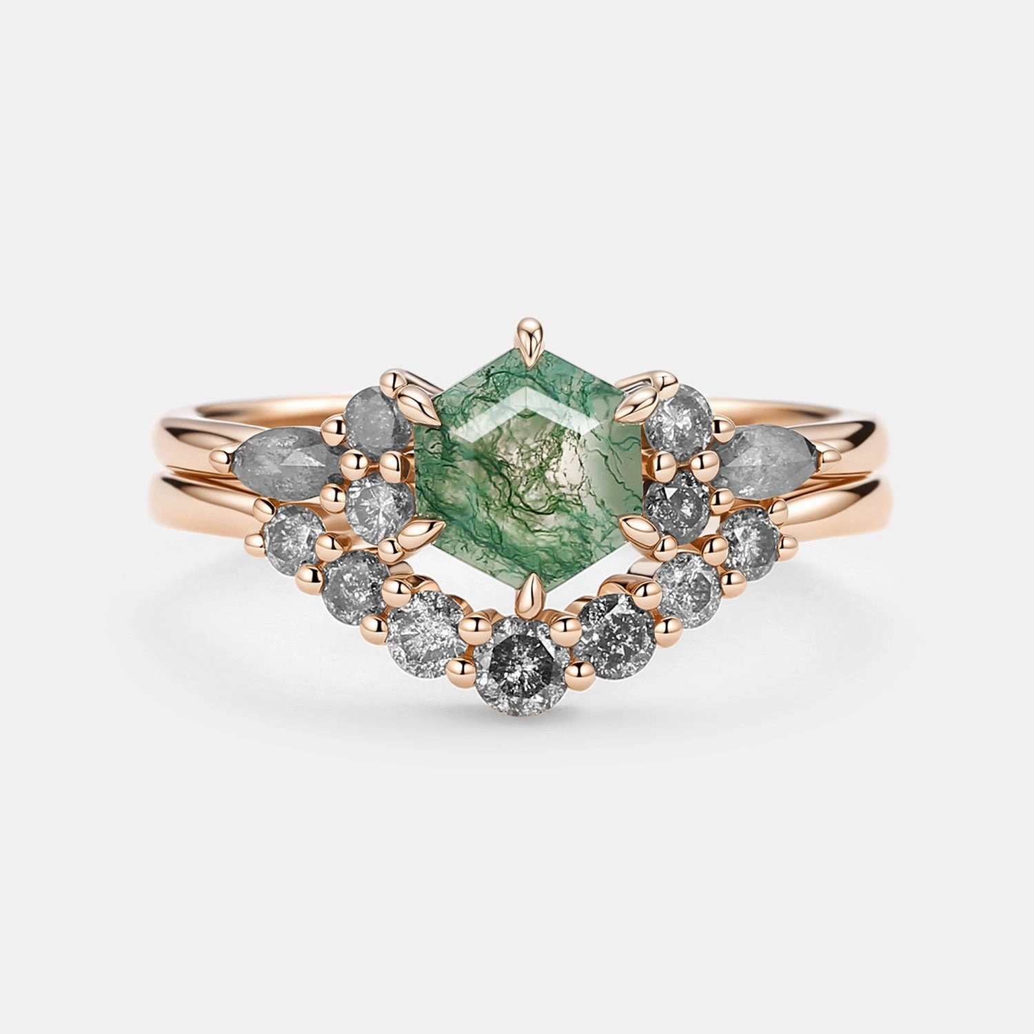 Fashion Touch Bright Reflection Moss Agate & Salt and Pepper Diamond Cluster Hexagon Engagement Ring Set 2pcs - Pebble