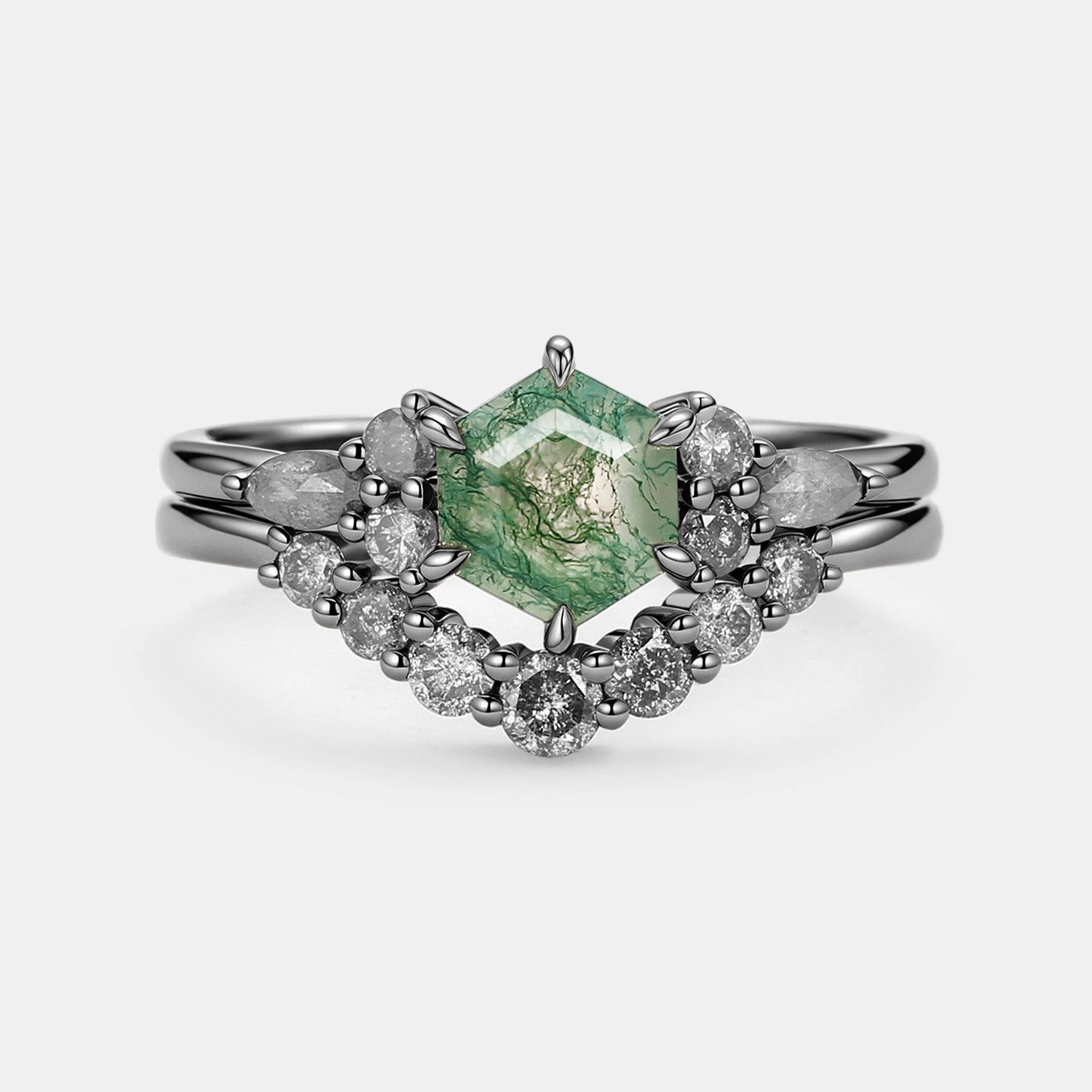 Glam Appeal Moss Agate & Salt and Pepper Diamond Cluster Hexagon Engagement Ring Set 2pcs - Pebble