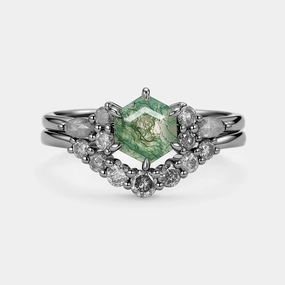Glam Appeal Moss Agate & Salt and Pepper Diamond Cluster Hexagon Engagement Ring Set 2pcs - Pebble